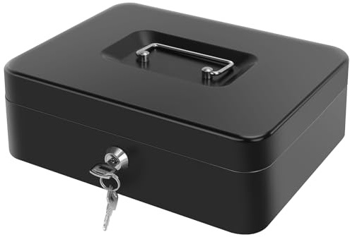 Cash Box with Money Tray - Large Money Box with Lock, Metal Safe Box for Money 9.84 x 7.87 x 3.54 Black