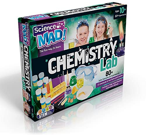Science Mad SM40 Chemistry Lab Kit For Kids - Learn About Chemicals With 80+ Safe, Educational Fun Experiments - Includes 10 Chemicals and Real Flame Burner, 10+ Years,Multicolor,39cm