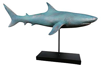 MichaelNoll Hai Haifisch Fisch Dekofigur Statue Skulptur Polyresin Modern - Maritime Deko für Wohnung in Holz-Optik Grün - Dekoration für Wohnzimmer, Schlafzimmer oder Badezimmer - XXL 59x24x38,5 cm