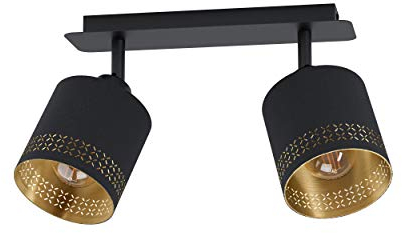 EGLO Deckenlampe Esteperra, 2 flammige Deckenleuchte Vintage, Retro, Deckenstrahler aus Stahl und Textil, Wohnzimmerlampe in Schwarz, Gold, Küchenlampe, Spots mit E27 Fassung