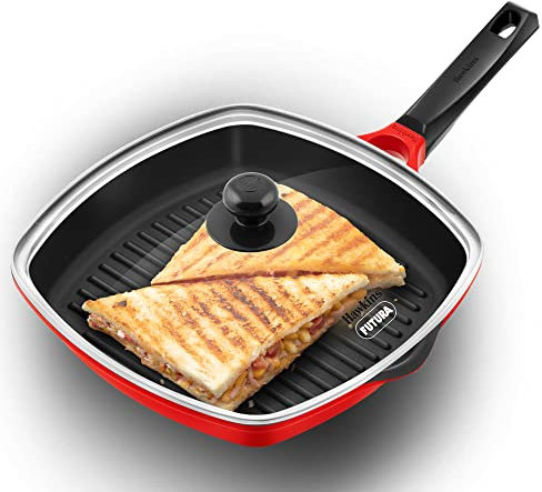 HAWKINS 30 cm Grill Pan, Non Stick Die Cast Grilling Pan with Glass Lid, Square Grill Pan for Gas Stove, Ceramic Coated Pan, Roast Pan (DCGP30G) (Red)