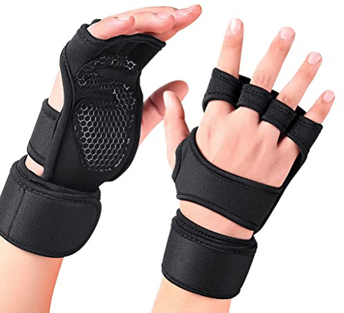 BSTCAR 1 par fitness träningshandskar med handledsstöd och handbollsskydd, svarta halkfria ventilerande träningshandskar för pull-ups, crossträning och styrketräning
