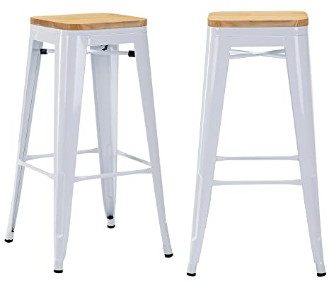 Duhome Barhocker Eisen Barstühle 2er Set, Sitzhöhe 76cm Tresenhocker, Stapelbar Metall Bistrohocker mit Fußstütze, Stizfläche aus Holz, Weiß+Naturholz