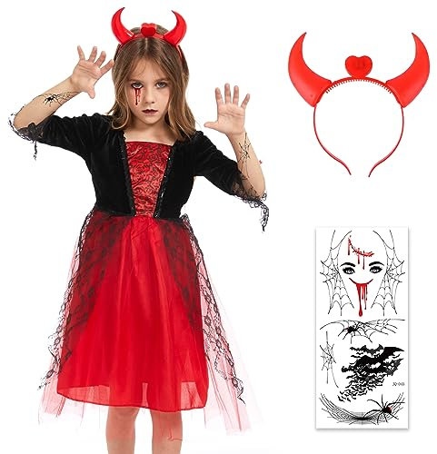 Herenear Vampir Kostüm Mädchen, Vampir Prinzessin Kostüm, Halloween Kostüm Kinder mit Roten Teufelshörnern Vampir-Tattoo-Aufkleber, Vampirkostüm für Mädchen Halloween-Dekoration Karneval