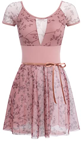 FYMNSI Damen Ballettanzug Ballettbody Tanz Body mit Ballettrock Wickelrock Gymnastikanzug Trikot Kurzarm Bodysuit Blumenmuster Mesh Turnanzug Gepolstert R?ckenfrei Leotard Ballettkleid Dunkelrosa XL