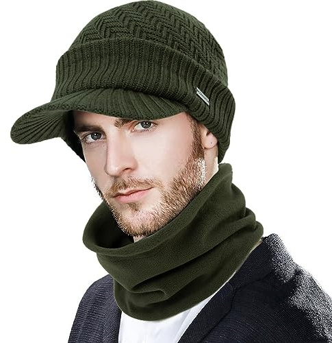 Comhats Set de invierno con gorro de punto de lana con visera y bufanda/calentador de cuello para hombres y mujeres - Cálido gorro de punto con visera 69311_verde XL/XXL