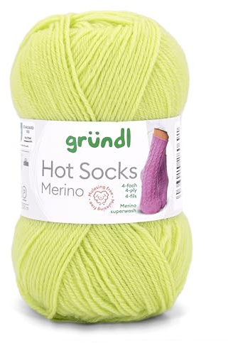 Gründl Hot Socks Merino Uni - Pelote de laine pour chaussettes à 4 fils, 50 g/200 m, 75 % laine vierge (merino, superwash), 25 % polyamide, sans mulesing, certifié Öko-tex Standard, vert citron