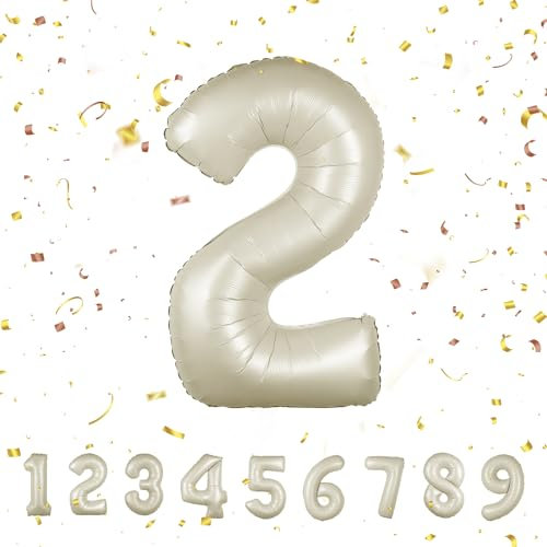 Partyhausy Ballon Numéro 2 Beige, 40'' - 102cm Géante Hélium Ballons Gonflables XXL, Ballon numéro Décoration d'anniversaire S'envole avec de l'hélium