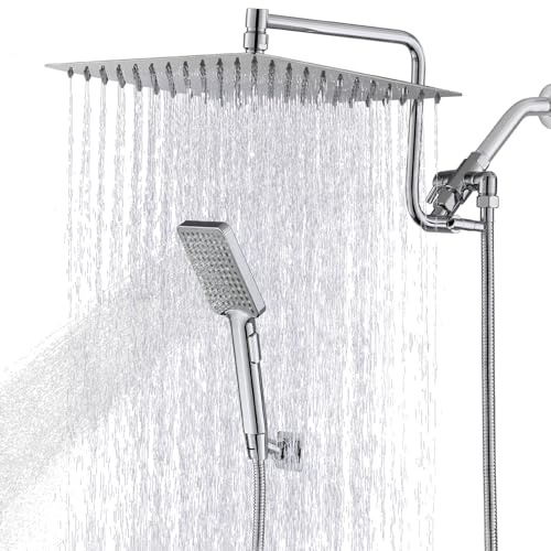 YDmeet Soffione doccia da 30,5 cm con doccetta combinata, soffione doccia a pioggia con palmare, in acciaio inox, regolabile in altezza, braccio di estensione da 30,5 cm con deviatore a 3
