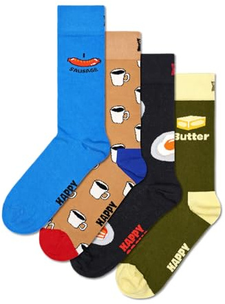 Happy Socks Pack de 4 Calcetines - Calcetines con Temática de Comida - Café, Huevos, Tortitas, Salchichas y Mantequilla - Caja de Regalo Divertida