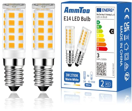 AmmToo E14 LED Lampe warmweiß 2700K, 480 Lumen 3W LED Leuchtmittel | 3W entspricht 40W-45W Halogenlampe, 360° Abstrahlwinkel Glühbirne, kein Flackern, nicht dimmbar, Enegiesparende kleine Birne