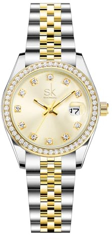 SHENGKE Women's Crystal Accented with Solid Alloy Steel Band Watch Elegant Dress Quartz Calendar Watches for Women (Silver-Gold)