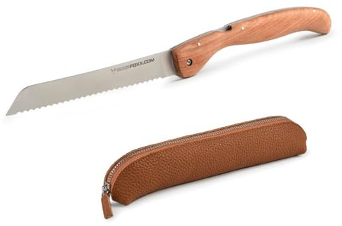 FOXXKNIFE Fällbar brödkniv med 18,5 cm, rostfri, oliv- eller paddaukträhandtag. med praktisk knivväska – lasergravyr möjlig på begäran! (Olivträ med lasergravering, läderväska i brun)