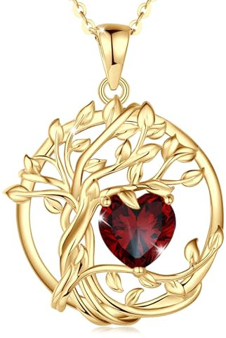 FANCIME Lebensbaum Granat Kette für Damen Gelbgold Vergoldet Baum des Lebens Granat Anhänger Halskette Schmuck Geschenke für Damen Frauen Mädchen, Kettenlänge: 40+5 cm