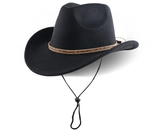Unisex Cowboy Hat with Strap, Wide Brim Felt Hat for Outdoor Western Style, Ideal for Men and Women, Cowboy Hat Accessories, Black