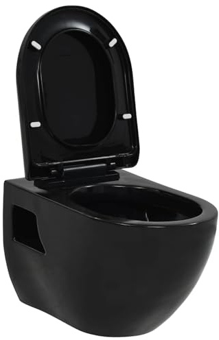 Rantry Inodoro suspendido negro con cierre suave, diseño moderno, fácil de instalar, dimensiones 36 x 50 x 41,5 cm, material cerámica y plástico