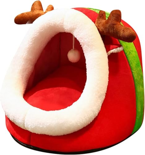 Lit de Noël pour Chat,Lit-Cave Semi-fermé pour Chat,Maison-Tente pour Chaton avec Boule Suspendue,Tente pour Animaux en Forme de Renne,Grotte Douce pour Animaux (Couleur-2, Taille Unique)