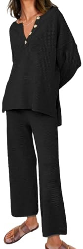 Conjunto de Dos Piezas para Mujer, Jersey de Manga Larga con Botones y Pantalones Anchos a Juego, chándal Negro Grande