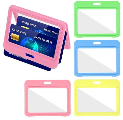 4 fundas para tarjetas de identificación, de plástico duro, plástico duro, para tarjetas de crédito, de plástico duro, para oficinas y escuelas (azul claro, verde fluorescente, amarillo, rosa)