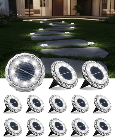 Airoieak Solar Lights Outdoor Garden Stake, IP68 Waterproof 8 Bright LEDs Mini Diamond Solar Ground Lights, Auto On/Off Pathway Lighting for Yard, Lawn & Garden, 12 Pack Cool Light