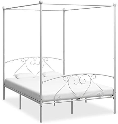 Kaloriko Himmelssäng-ram, vit, metall, 160 x 200 cm, robust plattformssäng för sovrum, elegant design med gardinstång, hållbar konstruktion, hög sömnkomfort