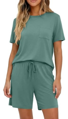 PrinStory Pyjamas dam kort kortärmad pyjamas-set rund hals vardagskläder sommar nattkläder T-shirt och shorts