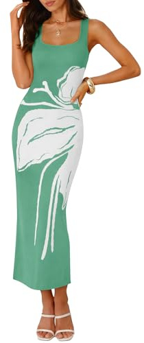 ZESICA Women's 2026 Summer Spring Floral Maxi Dress Beach Vacation Casual Sleeveless Tank Knitted Bodycon Sweater Dresses, Sage Green, Medium