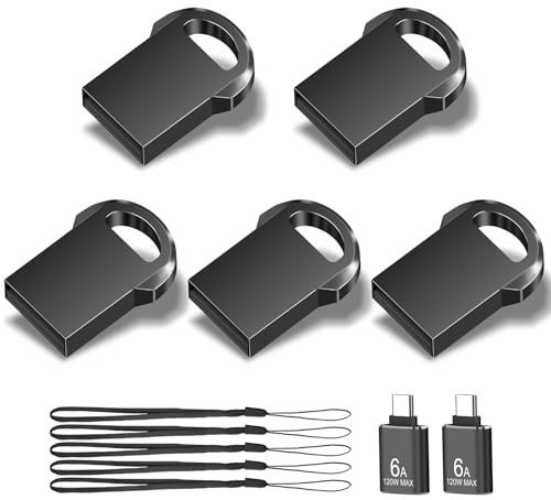 2GB USB 2.0 Mini Metal Flash Drive, EASTBULL 5-Pack with USB-C Adapters