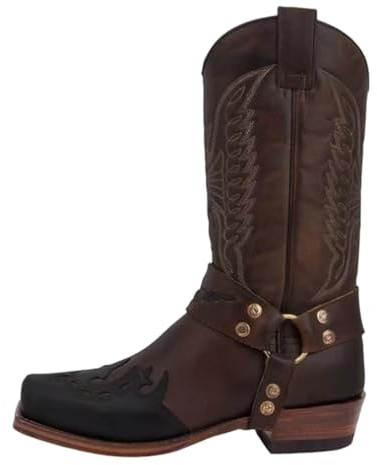 Bkazwe Bottes de Cowboy Larges Classiques Vintage Mi-Mollet, Bottes Western Brodées à Bout Pointu Et Talon Bloc, Hommes Botte PU Cuir Équitation Casual Vintage Broderie Bout Carré Western Cowboy