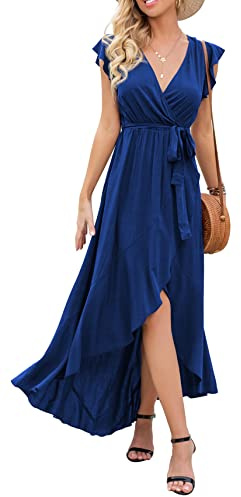 GRECERELLE Womens Summer Maxi Dress Boho Floral Cocktail Wrap Dresses V Neck Casual Party Bohemian Flowy Long Dress for Ladies (Navy Blue, S)