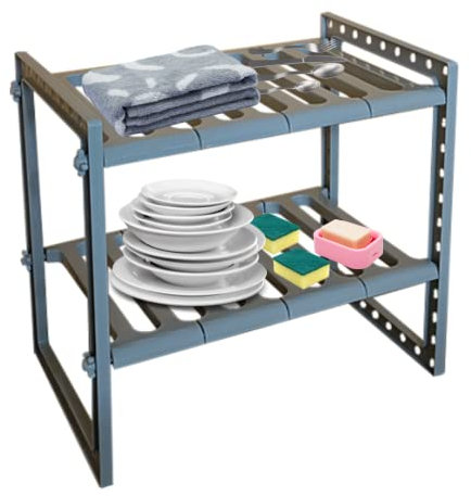 MAKA Scaffale Sottolavello per Stoviglie Ripiano Sotto Lavandino Cucina Bagno Mobile Allungabile Modulabile Salvaspazio Porta Spugne Piatti Sapone Asciugamani 2 Ripiani Organizer (Grigio)