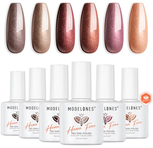 Modelones UV-nagellack, brun violett glitter, 6 färger, orange guld gel nagellack, UV-lack, gellack i set, gelnägel för Soak Off, gel nagelpolish, fransk manikyr, nagelkonst, nageldesign