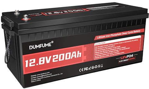 Dumfume Batterie Lithium 12V 200Ah LiFePO4, Capacité De 2560Wh, BMS 200A Intégré, Plus De 15000 Cycles, Durée De Vie De 10Ans, Idéale pour Les Camping-Cars, Le Stockage D'Énergie Solaire, Le