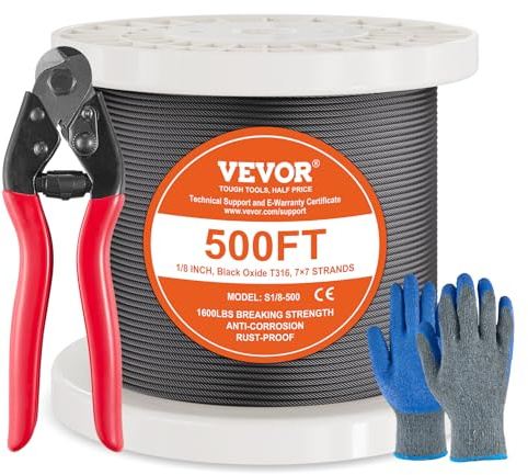 VEVOR Drahtseil-Set, Ф3,18 mm x 152,4 m, 316 Edelstahlkabel mit Schneider & Handschuhen, 7,1 kN Bruchfestigkeit, 7 x 7 Litzen Kern in Marine- & Flugzeugqualität für Handläufe, Treppen, Terrassenzäune