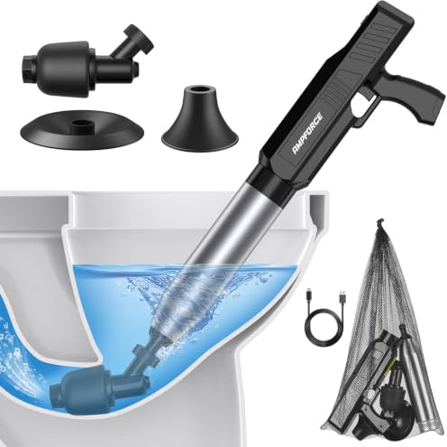 AMPFORCE Déboucheur WC Électrique, Déboucheur Canalisation à Pression Réglable 1-8 Bar, Ventouse Toilette Anti-Éclaboussures 120°, Pompe Déboucheur pour WC, Évier, Douche et Canalisations