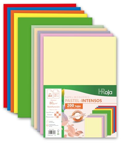 HRoja - Folios Colores Pastel + Intensos A4 80 gr, 200 hojas, Papel multifunción apto para Impresoras Inkjet y Láser - 210 x 297 mm - Ideal para Oficina, Hogar y Proyectos Artísticos como Origami