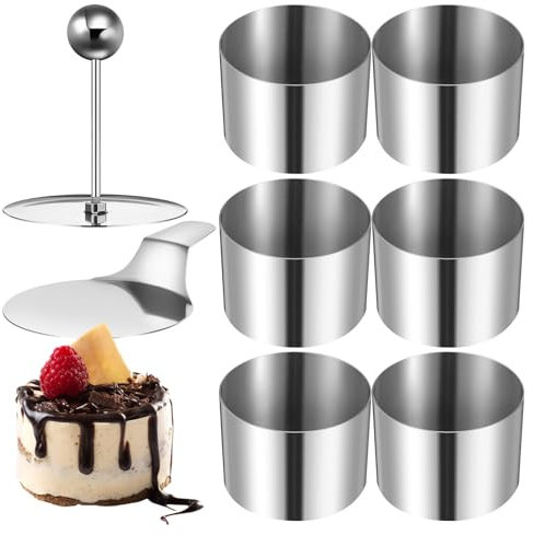 SOIMISS Stainless Steel Mousse Cake Mould Set 6 Pieces Round Baking Rings with Food Press Lifter and Clamp Leakproof Cooking Mold for Desserts Pastry Cookies and Eggs