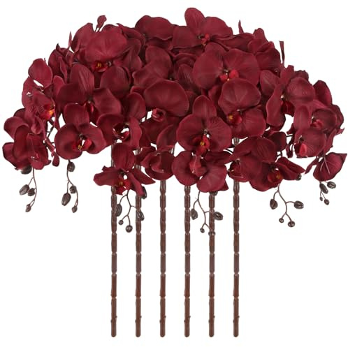 ICBOX Orchidee artificiali, 104 cm, 6 orchidee in velluto di seta che sembrano veri e propri a stelo lungo, fiori artificiali per vaso alto, per casa, matrimoni, feste, decorazioni autunnali (bordeaux