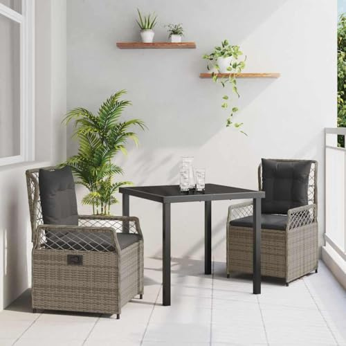 QJBSAVVA Set di 3 mobili da giardino grigio in rattan sintetico, 176 x 79 cm, con sedie regolabili, moderno gruppo da pranzo, balcone, terrazza, per piccole superfici