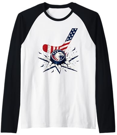 4 luglio - Bastone da Hockey su Ghiaccio con Bandiera degli Stati Uniti, per Uomini, Ragazzi e Bambini Maglia con Maniche Raglan
