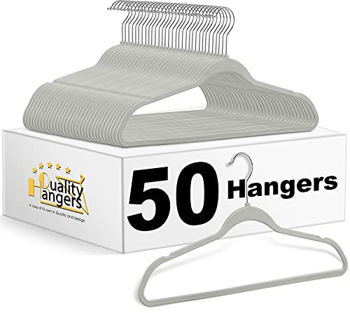 Quality Hangers 50 Pack Plastic Hangers for Clothes - Slim Non-Velvet Hangers with 360° Swivel Chrome Hook & Non Slip Notches - Ideal for Dresses Coats Shirts Jackets & More - Gray (Gray, 50 Pack)