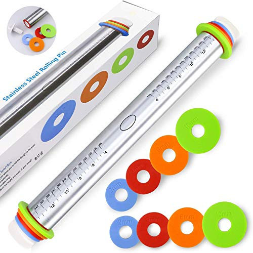 FUKTSYSM Rolling Pin - Cookie Rolling Pin 17 in Adjustable Stainless Steel Rolling Pins for Baking Cookie Chapati Fondant Dough Pastry Pizza Pie Crust