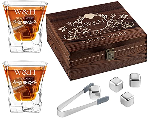 Maverton Whisky Stones & 2 Engraved Glasses Gift Set - 250ml Whisky Glasses in Personalised Wooden Box - 8 Cooling Stones - Gift for Her and Him - Gift for Couples - Never Apart