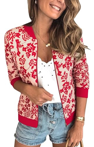 ECOWISH Women's Casual Floral Zip Up Bomber Jacket Coat Lightweight Short Camo No Lining Outwear Tops Windbreaker with Pocket 3303 Red Small