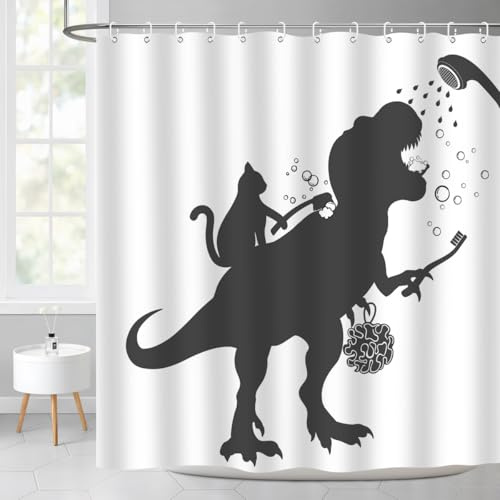 ZXMBF Katze Dinosaurier Duschvorhang Lustiger Cartoon Katze Dino Baden für Kinder Jungen Trex Silhouette Schatten Schwarz Weiß Design Kunstwerk Badezimmer Dekor Wasserdichter Stoff 183 x 183 cm mit