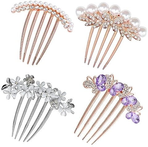 TONAUP Peignes à Cheveux Latéraux Mariage, 4 Pièces Strass Cheveux Peigne avec Fleur en Cristal 4 Couleurs de Luxe Mariée Cheveux Bijoux Cheveux Côté Peigne Femmes Filles 4 Styles