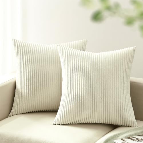 mosayt Sofa Kissenbezug 50x50 Beige Weiß 2er Set Kordsamt gestreiftes Muster Kissenbezüge Kissenhülle Dekokissen Sofakissen Couchkissen Zierkissenbezug Deko Bett Wohnzimmer