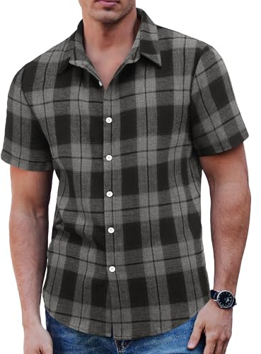 COOFANDY Men's Short Sleeve Checked Shirt Casual Cotton Plaid Button Down Flannel Shirts Summer Black Grey L
