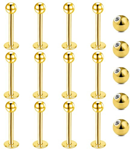 Gojewen Lèvres Piercing 12Pcs 16G 12mm Or Boucles D'Oreilles Acier Inoxydable Labret Helix Medusa Tragus