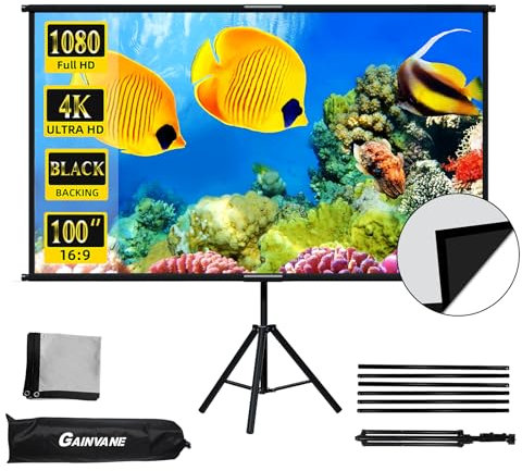 Projector-Screen-with-Stand 100 inch,Indoor Outdoor Projection-Screen with Black-backing,16:9 HD Premium Wrinkle-Free Tripod Screen For Projector with Storage Bag